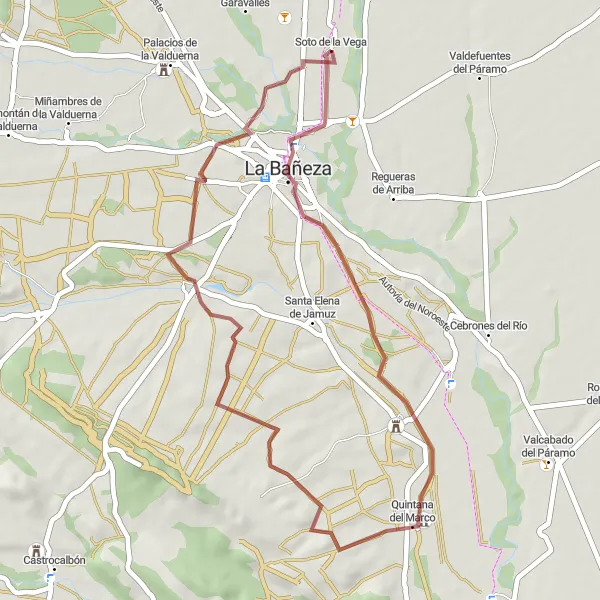 Map miniature of "Exploring Jiménez de Jamuz Gravel Trail" cycling inspiration in Castilla y León, Spain. Generated by Tarmacs.app cycling route planner