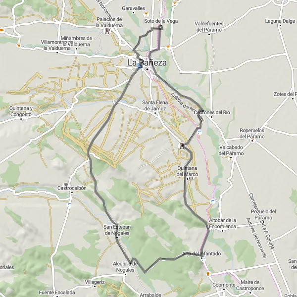Miniatura mapy "Soto de la Vega - La Bañeza - Cebrones del Río - Quintana del Marco - Alija del Infantado - Alcubilla de Nogales - Jiménez de Jamuz" - trasy rowerowej w Castilla y León, Spain. Wygenerowane przez planer tras rowerowych Tarmacs.app