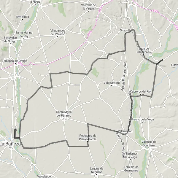 Miniatura mapy "Soto de la Vega - Villazala - Bustillo del Páramo - Onzonilla - Vega de Infanzones - Cabreros del Río - Pobladura de Pelayo García - Regueras de Arriba" - trasy rowerowej w Castilla y León, Spain. Wygenerowane przez planer tras rowerowych Tarmacs.app