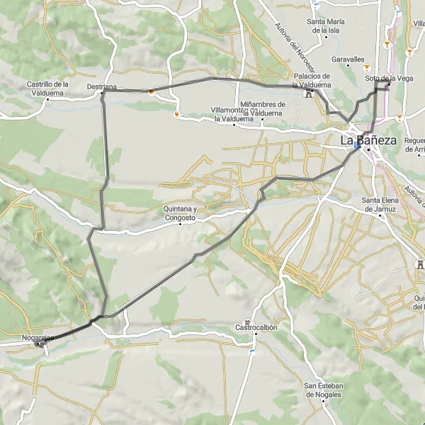 Miniaturekort af cykelinspirationen "Rundtur på landevejsrute nær La Bañeza" i Castilla y León, Spain. Genereret af Tarmacs.app cykelruteplanlægger