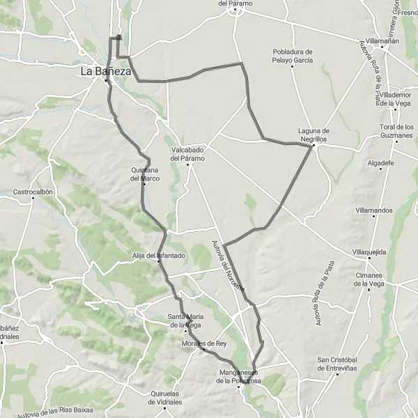 Miniaturekort af cykelinspirationen "Landevejscykelrute fra Soto de la Vega til Santa Elena de Jamuz" i Castilla y León, Spain. Genereret af Tarmacs.app cykelruteplanlægger
