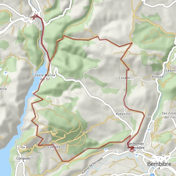 Miniatuurkaart van de fietsinspiratie "Gravelavontuur door El Cuerno en Santa Marina del Sil" in Castilla y León, Spain. Gemaakt door de Tarmacs.app fietsrouteplanner