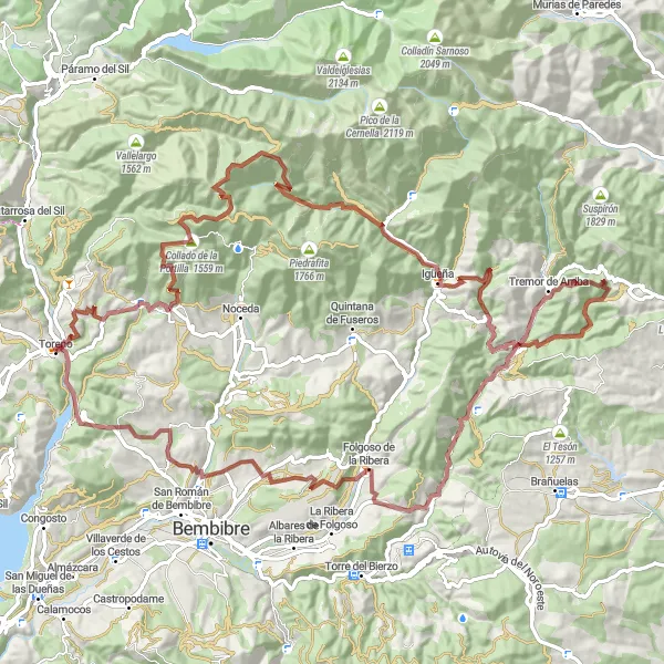 Miniaturekort af cykelinspirationen "Udfordrende gruscykeltur til Bierzo-dalen" i Castilla y León, Spain. Genereret af Tarmacs.app cykelruteplanlægger