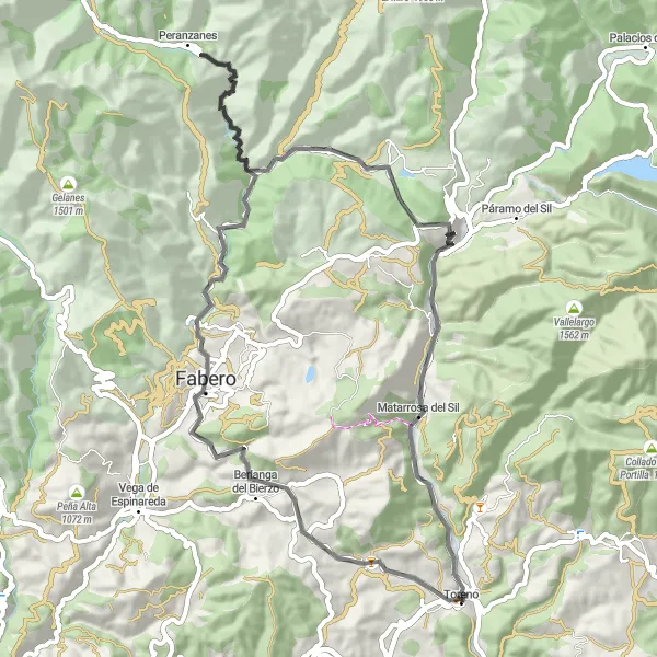 Miniatuurkaart van de fietsinspiratie "Rit door Peranzanes en Matarrosa del Sil" in Castilla y León, Spain. Gemaakt door de Tarmacs.app fietsrouteplanner