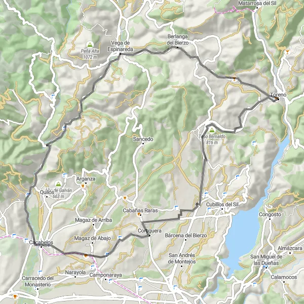Miniatuurkaart van de fietsinspiratie "Door de valleien van Bierzo en Alto Sil" in Castilla y León, Spain. Gemaakt door de Tarmacs.app fietsrouteplanner