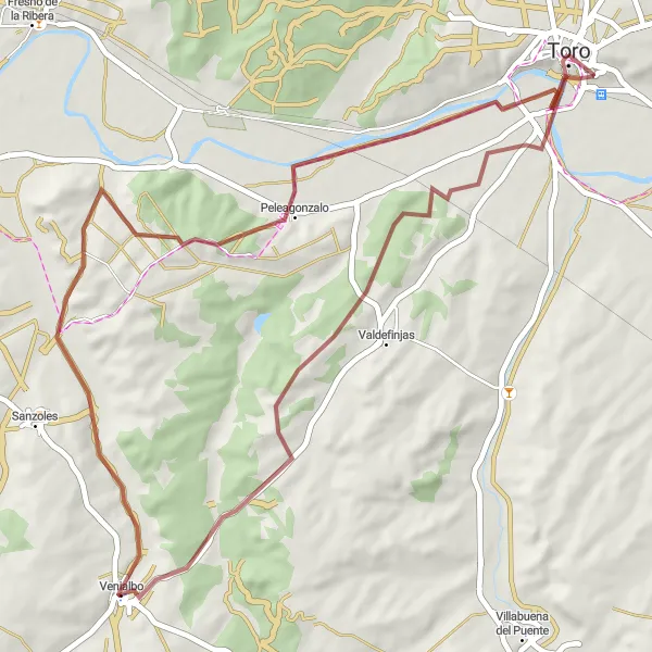 Miniatua del mapa de inspiración ciclista "Ruta en bicicleta de grava desde Toro hasta Mirador Puerto de la Magdalena" en Castilla y León, Spain. Generado por Tarmacs.app planificador de rutas ciclistas