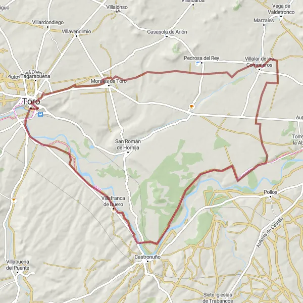 Miniatua del mapa de inspiración ciclista "Ruta en bicicleta de grava desde Toro hasta Villafranca de Duero (opción más larga)" en Castilla y León, Spain. Generado por Tarmacs.app planificador de rutas ciclistas