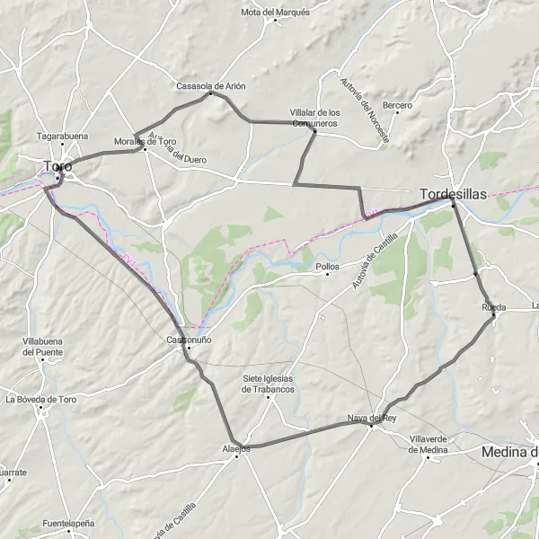 Map miniature of "The Duero River Loop" cycling inspiration in Castilla y León, Spain. Generated by Tarmacs.app cycling route planner