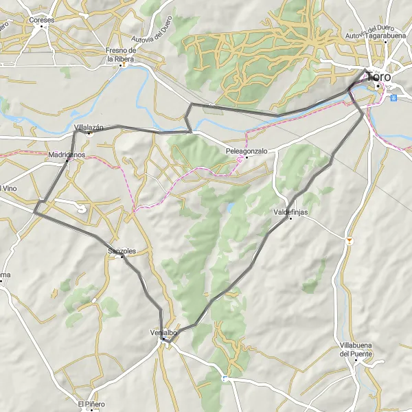 Map miniature of "Toro and Valley of Guareña" cycling inspiration in Castilla y León, Spain. Generated by Tarmacs.app cycling route planner