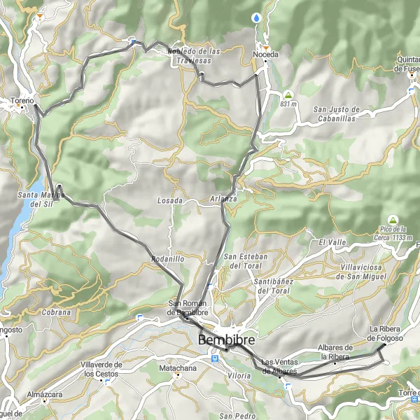 Map miniature of "The Cuerno Circuit" cycling inspiration in Castilla y León, Spain. Generated by Tarmacs.app cycling route planner