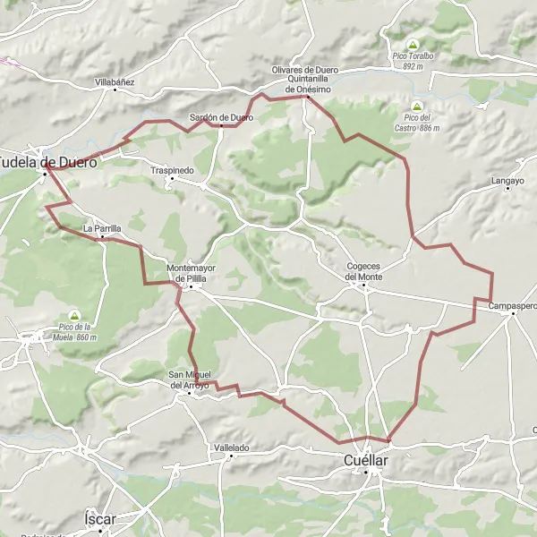 Miniatua del mapa de inspiración ciclista "Ruta en bici de gravel alrededor de Tudela de Duero" en Castilla y León, Spain. Generado por Tarmacs.app planificador de rutas ciclistas