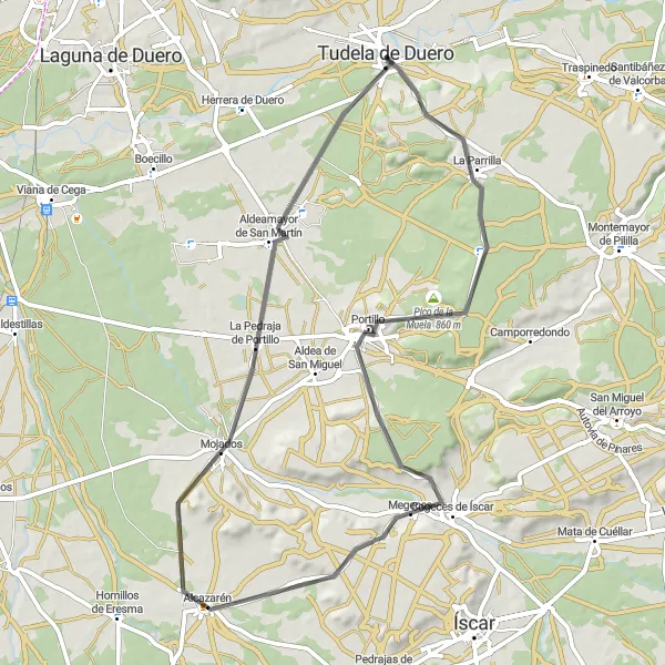 Miniatuurkaart van de fietsinspiratie "De heuvelachtige route van Tudela de Duero" in Castilla y León, Spain. Gemaakt door de Tarmacs.app fietsrouteplanner