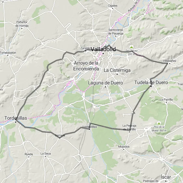 Miniatua del mapa de inspiración ciclista "Ruta en bici de carretera alrededor de Tudela de Duero II" en Castilla y León, Spain. Generado por Tarmacs.app planificador de rutas ciclistas