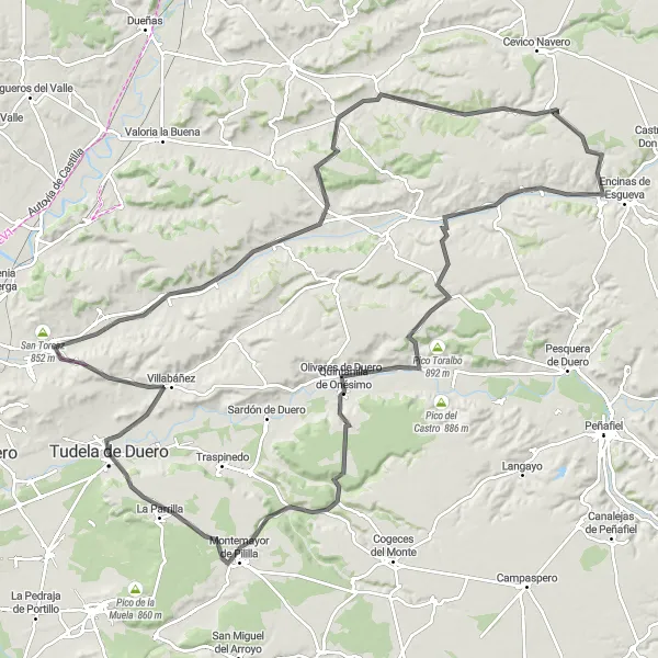 Map miniature of "Challenge Yourself on the Esgueva Valley Road" cycling inspiration in Castilla y León, Spain. Generated by Tarmacs.app cycling route planner