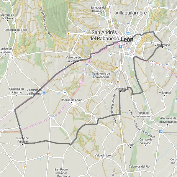 Map miniature of "Scenic Road Cycling Route from Valdefresno" cycling inspiration in Castilla y León, Spain. Generated by Tarmacs.app cycling route planner