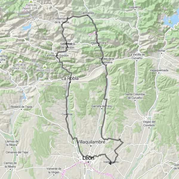 Miniatua del mapa de inspiración ciclista "Circuito épico de Valdefresno a Villafeliz de la Sobarriba" en Castilla y León, Spain. Generado por Tarmacs.app planificador de rutas ciclistas