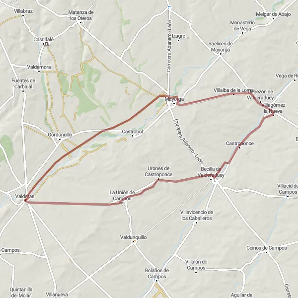 Map miniature of "Mayorga Loop Gravel Ride" cycling inspiration in Castilla y León, Spain. Generated by Tarmacs.app cycling route planner