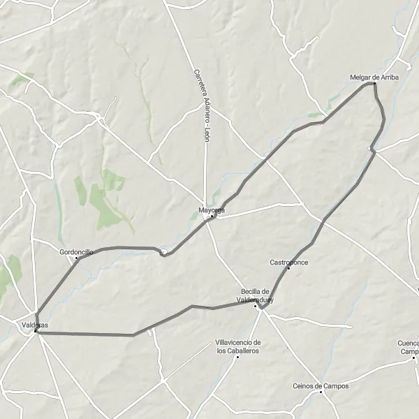 Map miniature of "Valderas to Castrobol" cycling inspiration in Castilla y León, Spain. Generated by Tarmacs.app cycling route planner