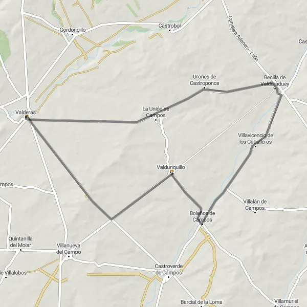 Map miniature of "Becilla Exploration Road Ride" cycling inspiration in Castilla y León, Spain. Generated by Tarmacs.app cycling route planner