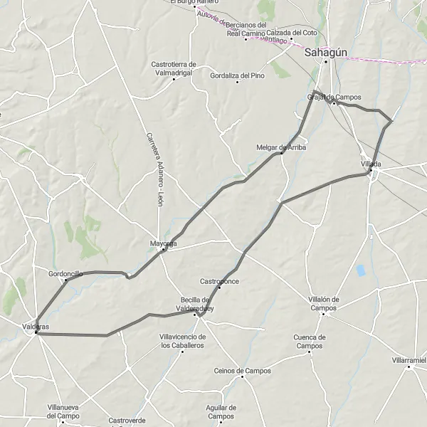 Miniatua del mapa de inspiración ciclista "Ruta de las Tierras Altas de Valderas" en Castilla y León, Spain. Generado por Tarmacs.app planificador de rutas ciclistas