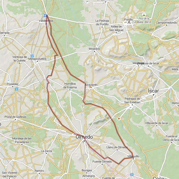 Map miniature of "Gravel Cycling Tour from Valdestillas to Puente Romano (74 km)" cycling inspiration in Castilla y León, Spain. Generated by Tarmacs.app cycling route planner