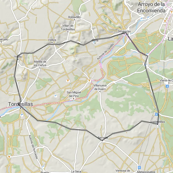 Miniatua del mapa de inspiración ciclista "Ruta de ciclismo de carretera - Valdestillas a Geria" en Castilla y León, Spain. Generado por Tarmacs.app planificador de rutas ciclistas