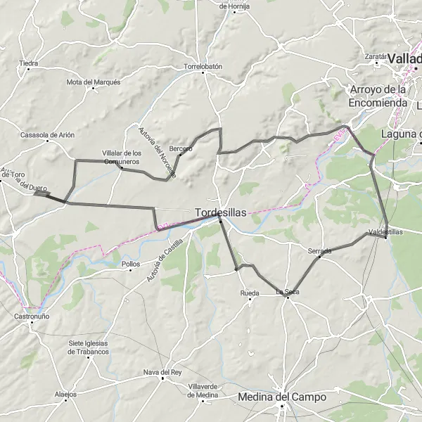 Map miniature of "Route through Valdestillas and Surrounding Villages" cycling inspiration in Castilla y León, Spain. Generated by Tarmacs.app cycling route planner