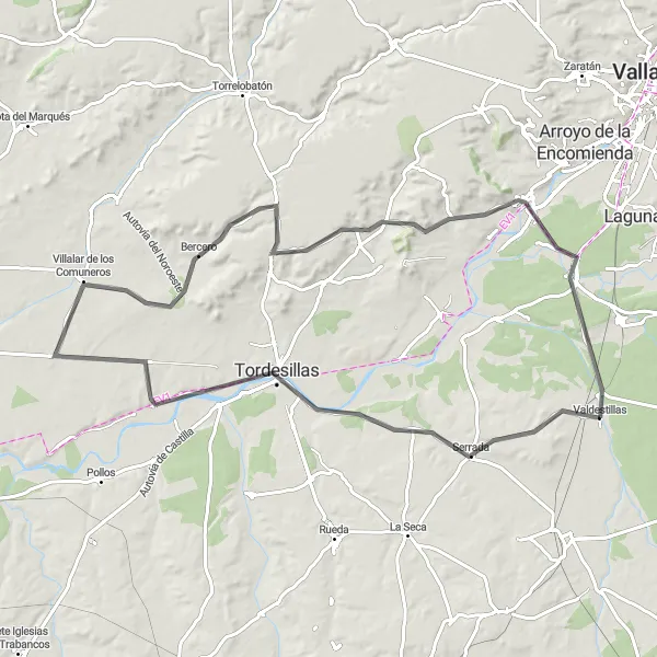 Miniatuurkaart van de fietsinspiratie "Weg-Rondrit van Valdestillas" in Castilla y León, Spain. Gemaakt door de Tarmacs.app fietsrouteplanner