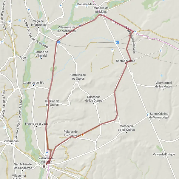 Map miniature of "Valencia de Don Juan - Cubillas de los Oteros - Mansilla de las Mulas - Santas Martas - Pajares de los Oteros - Casa del Miedo Gravel Route" cycling inspiration in Castilla y León, Spain. Generated by Tarmacs.app cycling route planner