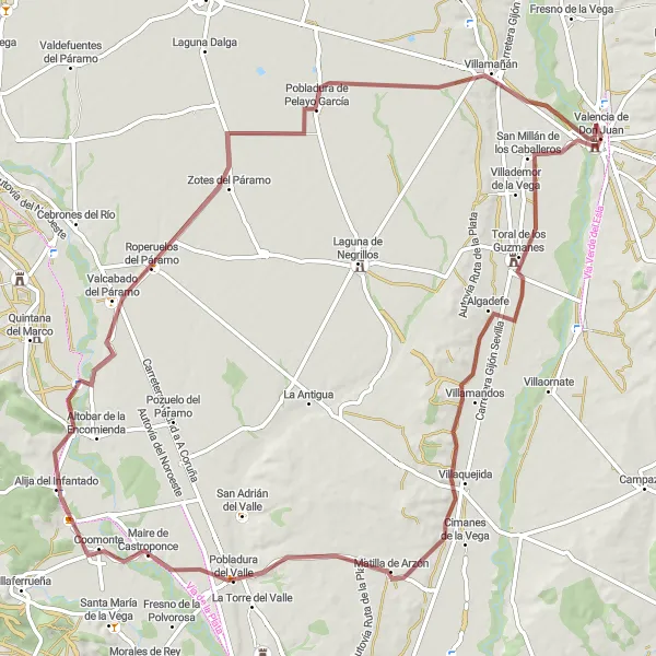 Map miniature of "Round-Trip Cycling Route: Valencia de Don Juan Gravel Adventure" cycling inspiration in Castilla y León, Spain. Generated by Tarmacs.app cycling route planner