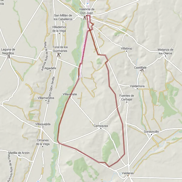 Map miniature of "Round-Trip Cycling Route: Valencia de Don Juan Castle Exploration" cycling inspiration in Castilla y León, Spain. Generated by Tarmacs.app cycling route planner