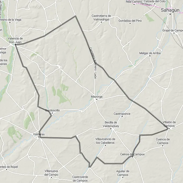 Map miniature of "The Léon Challenge" cycling inspiration in Castilla y León, Spain. Generated by Tarmacs.app cycling route planner