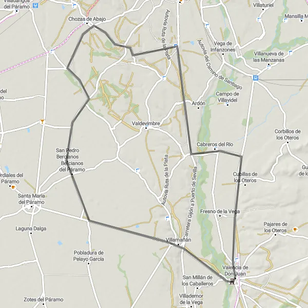 Map miniature of "Valencia de Don Juan - Mirador del Esla - Villamañán - San Pedro Bercianos - Chozas de Abajo - Villalobar - Cubillas de los Oteros Road Route" cycling inspiration in Castilla y León, Spain. Generated by Tarmacs.app cycling route planner