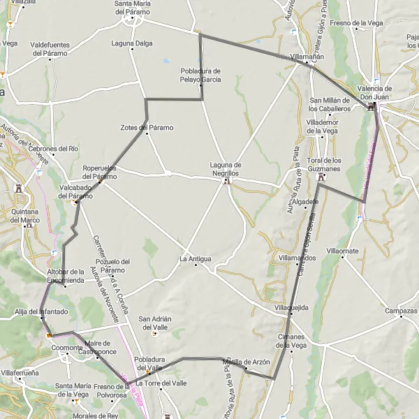 Map miniature of "Valencia de Don Juan Road Tour" cycling inspiration in Castilla y León, Spain. Generated by Tarmacs.app cycling route planner