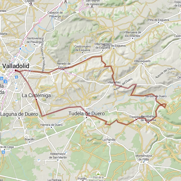 Miniatura mapy "Wokół Valladolid: Renedo de Esgueva - Villabáñez - Traspinedo - La Cistérniga - Cerro de San Cristóbal" - trasy rowerowej w Castilla y León, Spain. Wygenerowane przez planer tras rowerowych Tarmacs.app