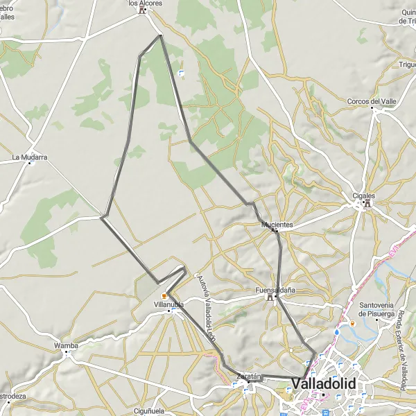 Miniatura mapy "Wokół Valladolid: Villanubla - Mucientes - Cuesta de la Maruquesa - Locomotora Rioseco" - trasy rowerowej w Castilla y León, Spain. Wygenerowane przez planer tras rowerowych Tarmacs.app