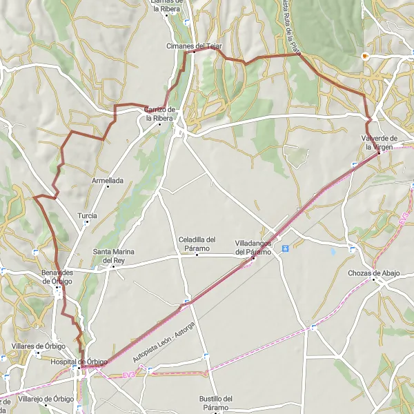 Map miniature of "San Martín del Camino Gravel Loop" cycling inspiration in Castilla y León, Spain. Generated by Tarmacs.app cycling route planner