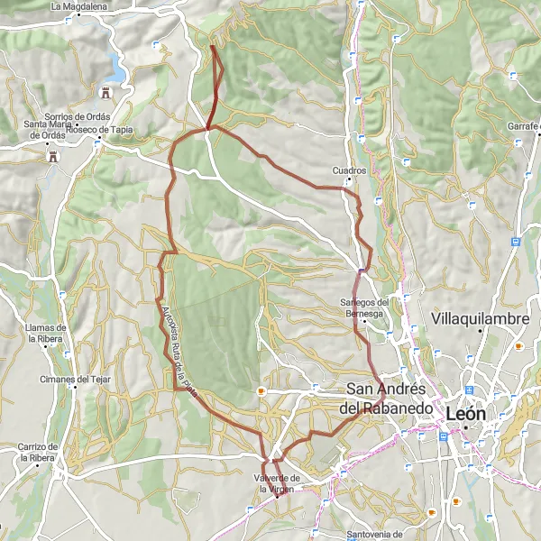 Miniatua del mapa de inspiración ciclista "Ruta de gravilla Montejos del Camino - Valverde de la Virgen" en Castilla y León, Spain. Generado por Tarmacs.app planificador de rutas ciclistas