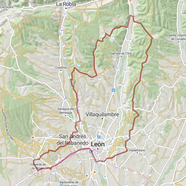 Miniatuurkaart van de fietsinspiratie "Avontuurlijke gravelroute van Valverde de la Virgen naar Castrillino en terug" in Castilla y León, Spain. Gemaakt door de Tarmacs.app fietsrouteplanner