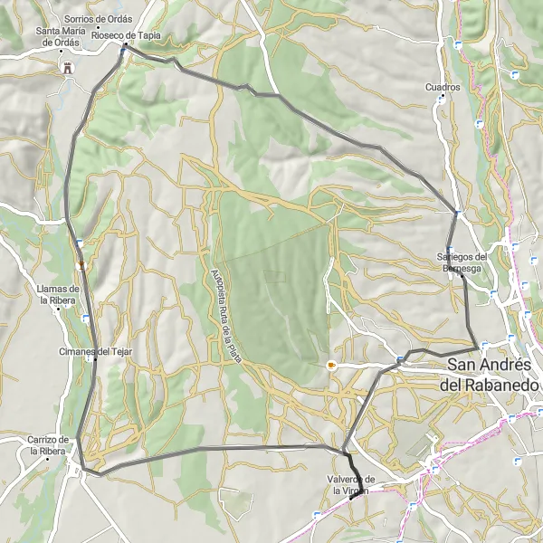 Map miniature of "Valverde de la Virgen Loop" cycling inspiration in Castilla y León, Spain. Generated by Tarmacs.app cycling route planner