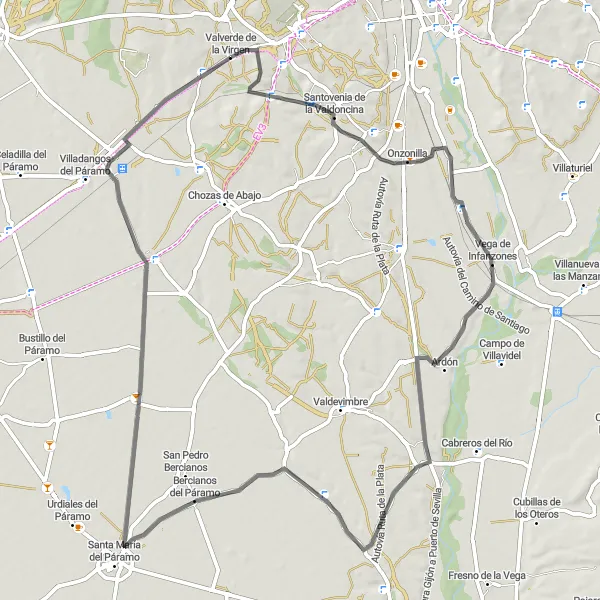 Map miniature of "Onzonilla and Villalobar Road Ride" cycling inspiration in Castilla y León, Spain. Generated by Tarmacs.app cycling route planner