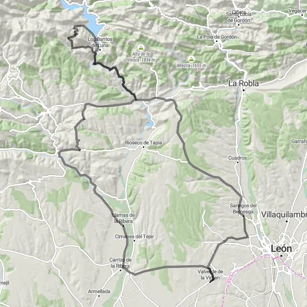 Miniatuurkaart van de fietsinspiratie "Uitdagende roadroute van Valverde de la Virgen naar Sariegos del Bernesga en terug" in Castilla y León, Spain. Gemaakt door de Tarmacs.app fietsrouteplanner