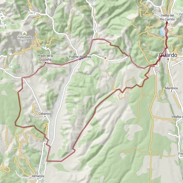 Miniatura mapy "Szlak gravelowy wokół Velilla del Río Carrión" - trasy rowerowej w Castilla y León, Spain. Wygenerowane przez planer tras rowerowych Tarmacs.app