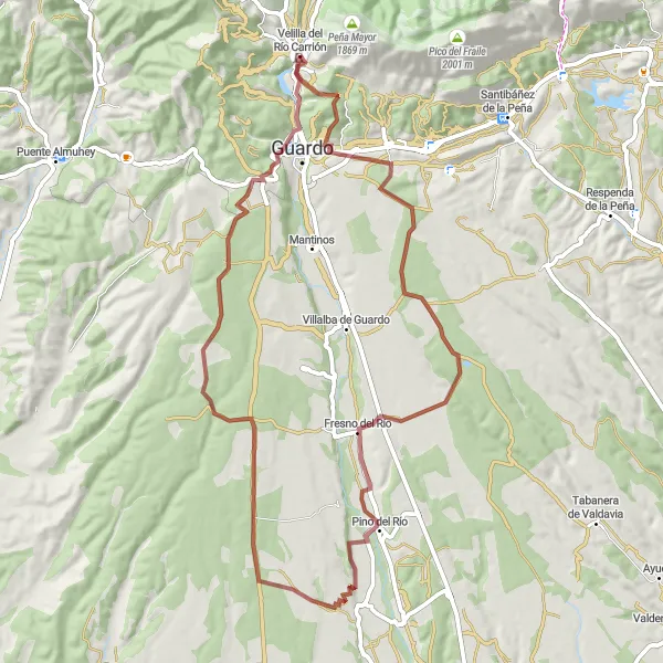 Miniatua del mapa de inspiración ciclista "Ruta de ciclismo de gravilla desde Velilla del Río Carrión" en Castilla y León, Spain. Generado por Tarmacs.app planificador de rutas ciclistas