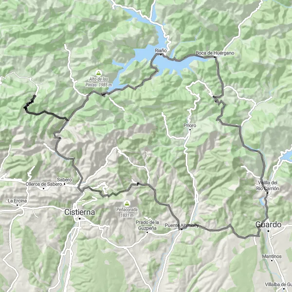 Miniatuurkaart van de fietsinspiratie "Rondje om Velilla del Río Carrión (122 km wegenfietsen)" in Castilla y León, Spain. Gemaakt door de Tarmacs.app fietsrouteplanner