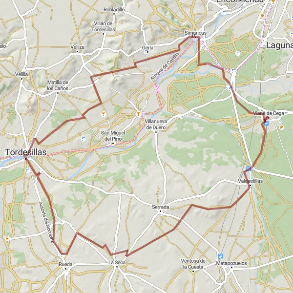 Miniatuurkaart van de fietsinspiratie "Gravelroute naar Tordesillas vanuit Viana de Cega" in Castilla y León, Spain. Gemaakt door de Tarmacs.app fietsrouteplanner