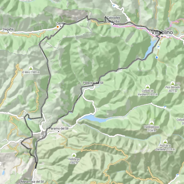 Miniatua del mapa de inspiración ciclista "Ruta de Carretera: Villablino - Caboalles de Abajo - Anllares del Sil - Pico de las Oscuras - Villablino" en Castilla y León, Spain. Generado por Tarmacs.app planificador de rutas ciclistas