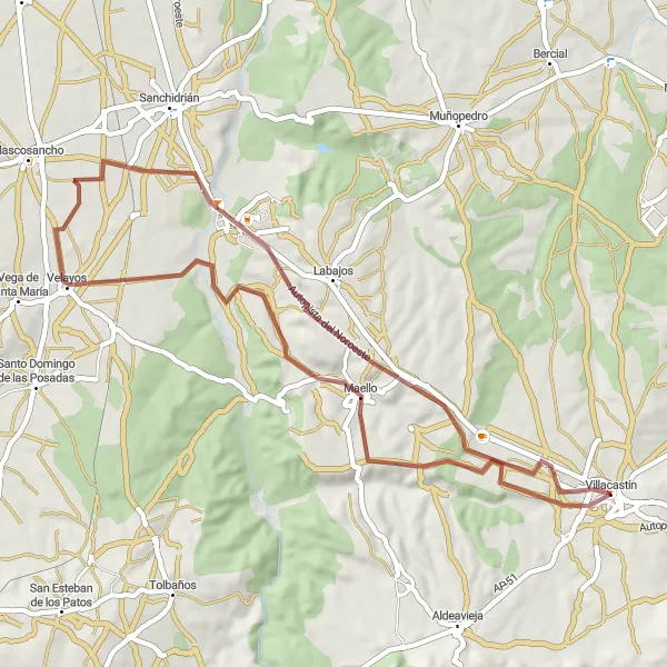 Map miniature of "Gravel Tour through Villacastín" cycling inspiration in Castilla y León, Spain. Generated by Tarmacs.app cycling route planner