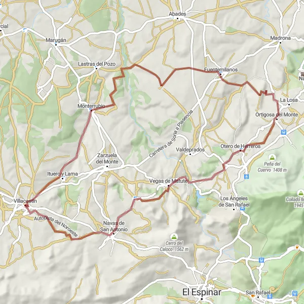 Miniatua del mapa de inspiración ciclista "Ruta de Ciclismo por Caminos de Grava desde Villacastín" en Castilla y León, Spain. Generado por Tarmacs.app planificador de rutas ciclistas