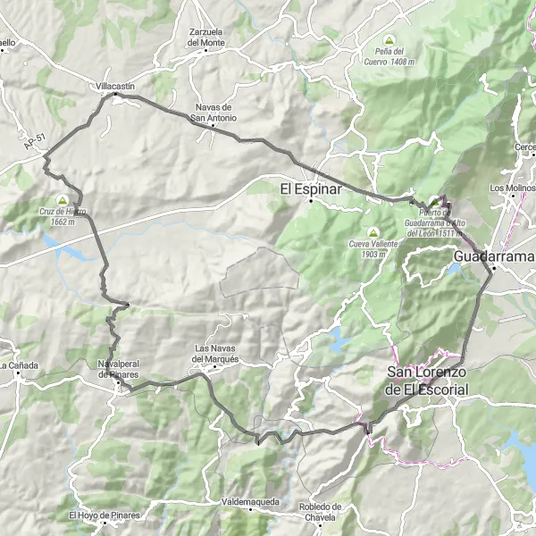 Miniatua del mapa de inspiración ciclista "Ruta de San Lorenzo de El Escorial" en Castilla y León, Spain. Generado por Tarmacs.app planificador de rutas ciclistas